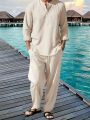 Men's Shirt Pants Suit Summer Breathable Beach Hawaiian Vacation Casual Long Sleeves Set Solid Color Loose Jogging Trousers.
