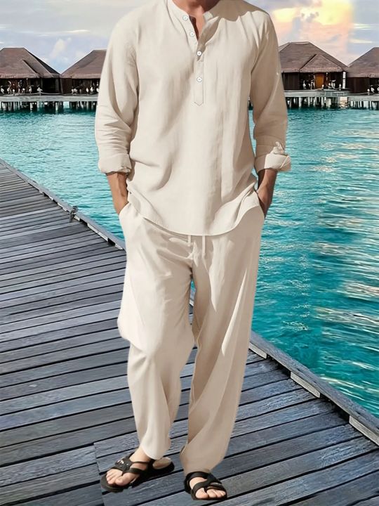 Men's Shirt Pants Suit Summer Breathable Beach Hawaiian Vacation Casual Long Sleeves Set Solid Color Loose Jogging Trousers