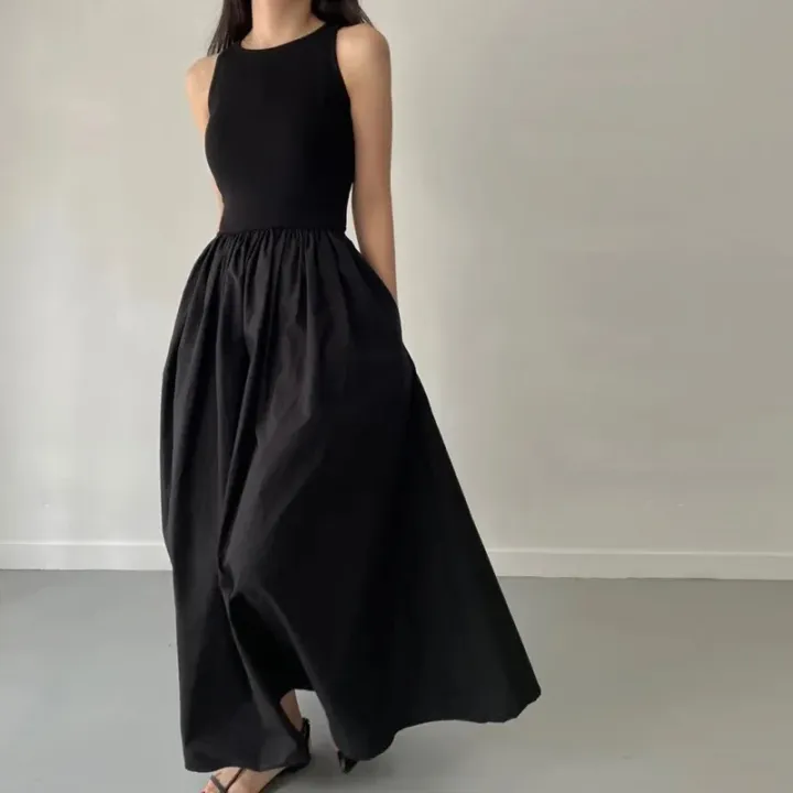 New%20Summer%20Simple%20Elegant%20Black%20Long%20Dresses%20For%20Women%20Round%20Neck%20Sleeveless%20High%20Waist%20Temperament%20Female%20Fashion%20Style%20Dress%20-%20Image%203