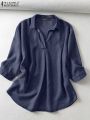 ZANZEA Women Summer V Neck 3/4 Sleeve Blouse Denim Blue Shirt Elegant Solid OL Work Tops Casual Loose Office Blusas Oversize. 