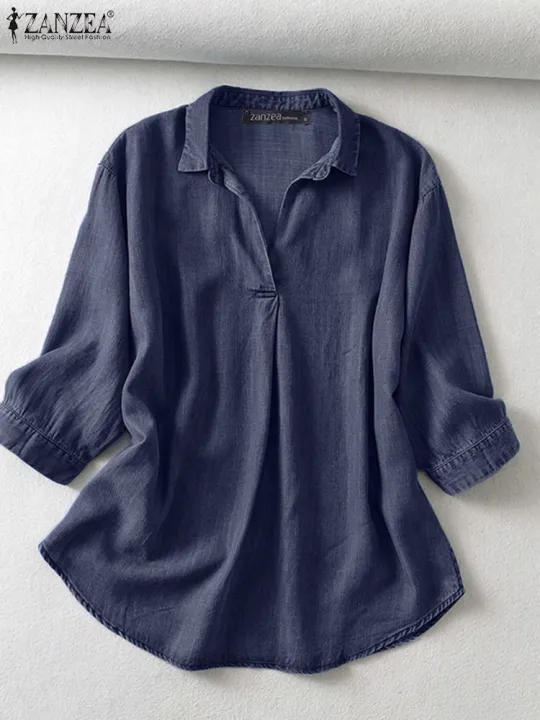 ZANZEA%20Women%20Summer%20V%20Neck%203/4%20Sleeve%20Blouse%20Denim%20Blue%20Shirt%20Elegant%20Solid%20OL%20Work%20Tops%20Casual%20Loose%20Office%20Blusas%20Oversize%20-%20Image%203
