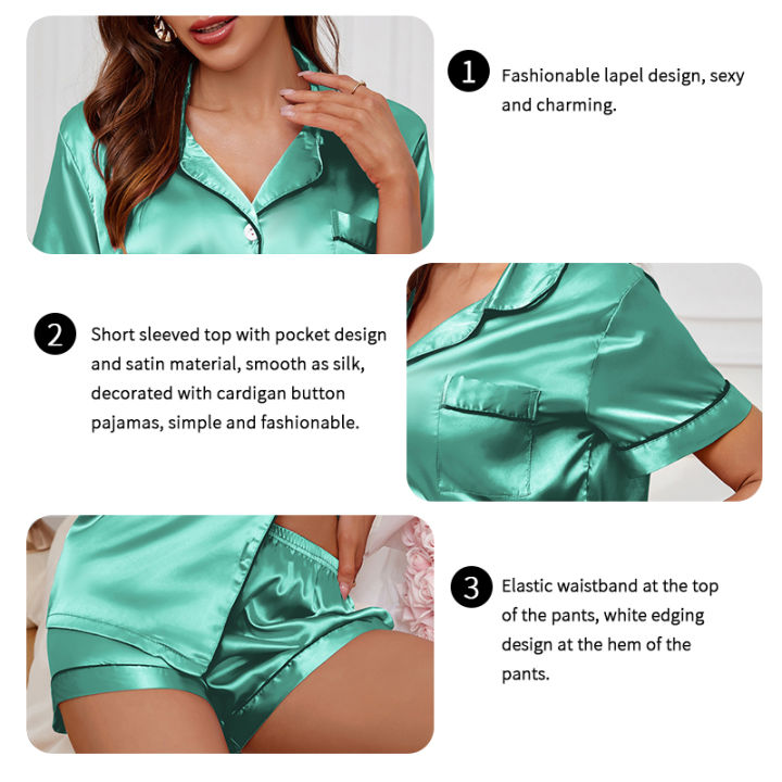 Women's%20Satin%20Pajama%20Set%20Summer%20Sleepwear%20Loungewear%20Short%20Sleeve%20Lapel%20Top%20&%20Shorts%20Pyjamas%20Button%20Home%20Clothes%20Pajamas%20Pjs%20Set%20-%20Image%205