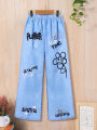 Children's fall fashion for girls and teenagers, imitation denim print, micro-elastic outdoor casual baggy straight-leg pants. 