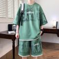 Men's fashion personality letter printed short sleeved shorts two-piece set outdoor sports breathable T-shirt set. 