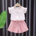 Summer Children's Suit for Girls Cute Flower Print Short Sleeve T-shirt And Shorts 2PC Set Casual Outfit Baby Kids Clothing. 