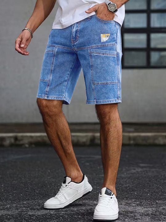 Men's Summer Loose Straight Denim Shorts American Workwear Patchwork Style Casual Cargo Mid-Rise Shorts