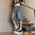 Mens Shorts American High Street Embroidered Denim Summer Lightweight Loose Fit Casual Bottoms. 