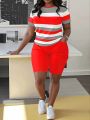 Trendy Plus Size Women's Two Piece Set Striped Short Sleeve Top and High Waist Shorts Casual Outfit. 