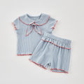 Summer Baby Girls 2-Piece Doll Neck Bow Short Sleeve Top + Shorts Casual Suit. 