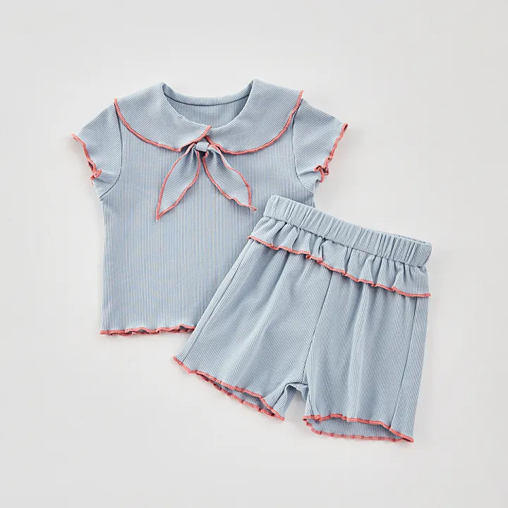 Summer%20Baby%20Girls%202-Piece%20Doll%20Neck%20Bow%20Short%20Sleeve%20Top%20+%20Shorts%20Casual%20Suit%20-%20Image%204