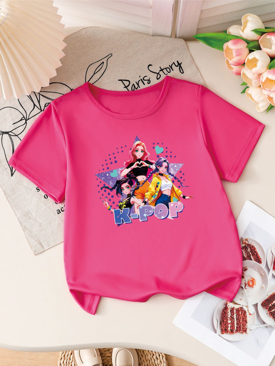Girls%20%20Anime%20Print%20Short%20Sleeve%20T-Shirt%20Cute%20Cartoon%20Graphic%20Tee%20Kids%20Summer%20Casual%20Top%20-%20Image%204