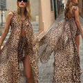 Summer 2025  Women's Beach Vacation Dress Set Chiffon Print Halter Long Dress Loose Leopard Print Shorts Dress Suit. 
