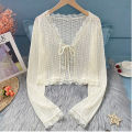Sheer Lace Cardigan with Lace Trim Tie Front Long Sleeve Crop Top Women Textured Shrug Spring Summer 2026 Shrunken Cardigan.