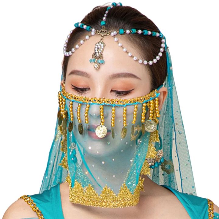 Women Belly Dance Tribal Face Veil Halloween Costume Accessory Beaded Masquerade Mask India Dance Outfit Sexy Arabic Princess