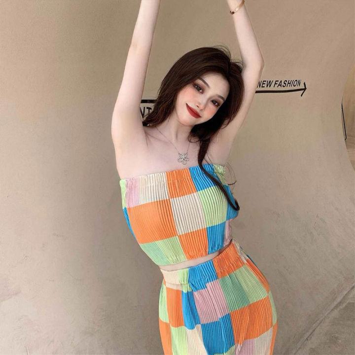 Women%20high%20waist%20wide%20leg%20pants%20fashion%20strapless%20plaid%20shirt%20two-piece%20dress%20cool%20style%20color%20matching%20exposed%20navel%20-%20Image%205