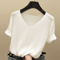 Knitted Short Sleeve Women V-Neck T Shirts 2026 Blue Slim Black Thin Knit Orange Tops Ladies Summer Camiseta Summer T Shirts.