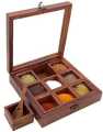 Wooden Handmade Spice Box / Multipurpose 9-Compartment Wooden Spice Box with Glass Lid – Handcrafted Masala Dabba Organizer. 