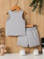 Summer Baby Boys' Round-Neck Letter Print Vest and Shorts Casual 2-Piece Set.