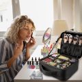 Large capacity travel makeup case, portable artist organizer with adjustable dividers and shoulder strap for toiletries jewelry.