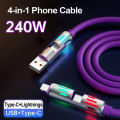 4 in 1 Functional 240W Super Fast Charge USB Type C Liquid Silicone Aluminum Alloy Data Cable For iPhone .