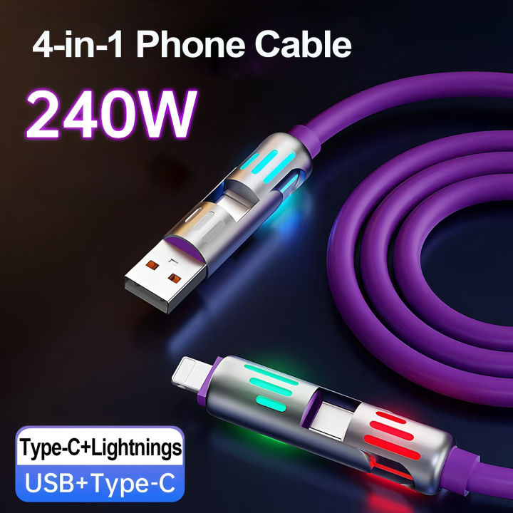 4 in 1 Functional 240W Super Fast Charge USB Type C Liquid Silicone Aluminum Alloy Data Cable For iPhone