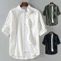 Loose Men Short Sleeve Summer Style Cotton Linen Stand Collar Five-Point Clothing Suitable Adults. 