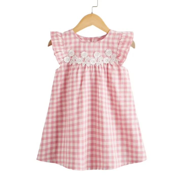 Girls%20cute%20pink%20and%20white%20plaid%20dress%20-%20exquisite%20lace%20flower%20decoration%20-%20Image%207