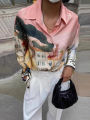 2025 Fashion New Women's Elegant Printed Street Style Collar Single Breasted Long Sleeved Shirt Casual Short Set.