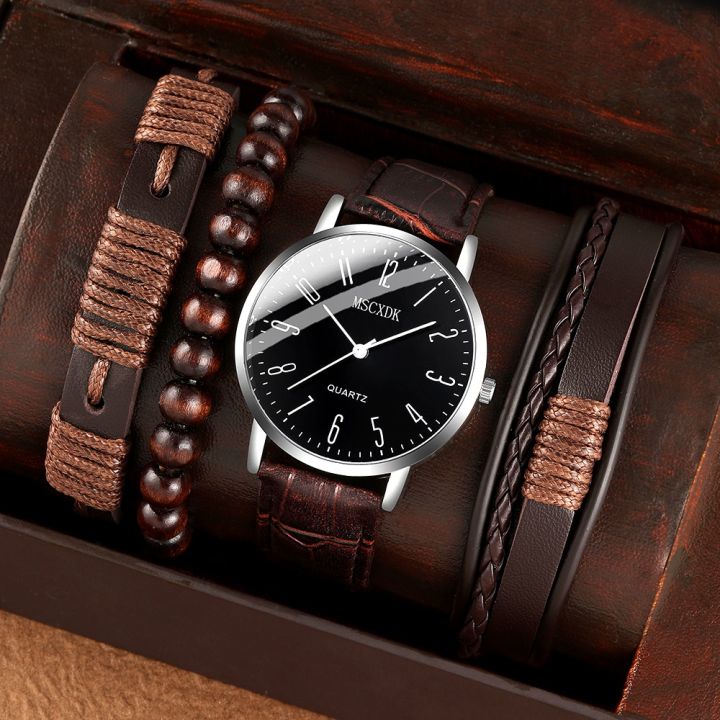 4PCS Set Fashion Mens Bracelet Watches Men Business Quartz Wrist