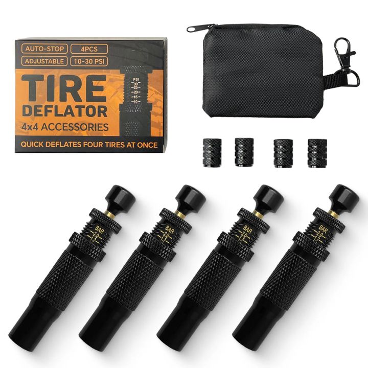 4pcs Adjustable Auto-Stop Tire Deflator Valve Kit (10-30 PSI)Screw-on Tyre Air Down Tool for Vehicles Motorcycle Offroad 4x4