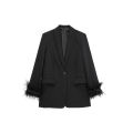 Willshela Women Fashion Satin Black With Feather Blazer Jacket Vintage Notched Neck Single Button Long Sleeves Female Outfits.