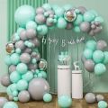 pack of 55 pcs theme set DIY pastel green & grey happy birthday decoration for girls, boys, kids, wife, husband decorations kit/metallic silver helium balloons/cursive banner/backdrop/party props items–55 pcs. 
