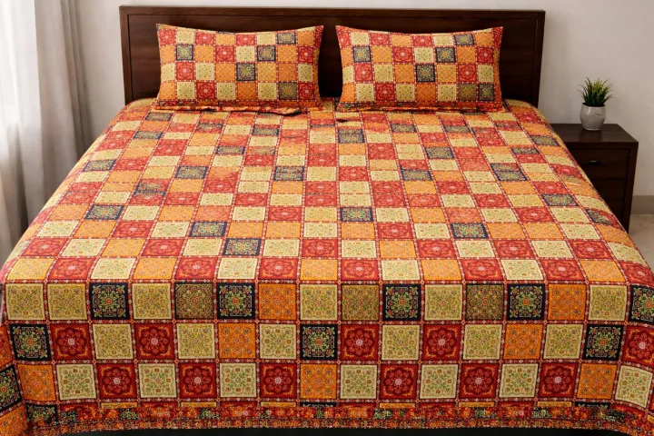 Premium Printed Cotton Bedsheet Set – Double Bed Size with 2 Pillow ...