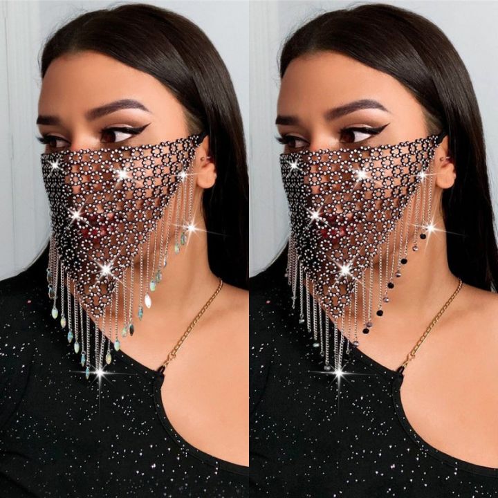 Shiny Rhinestone Face Mask Bling Tassel Veil Mask Reusable Metal Crystal Belly Dance Face Veil Sequins Masquerade Party Jewelry