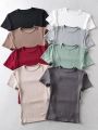 Casual Summer Woman Skinny Fit T-shirt Tight Short-Sleeve O-neck Tee Basic Solid Crop Tops T Shirt.