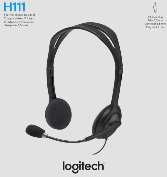 Logitech H111 Wired Headset, Stereo Headphones with Noise-Cancelling Microphone, 3.5 mm Audio Jack, PC/Mac/Laptop/Smartphone/Tablet - Black