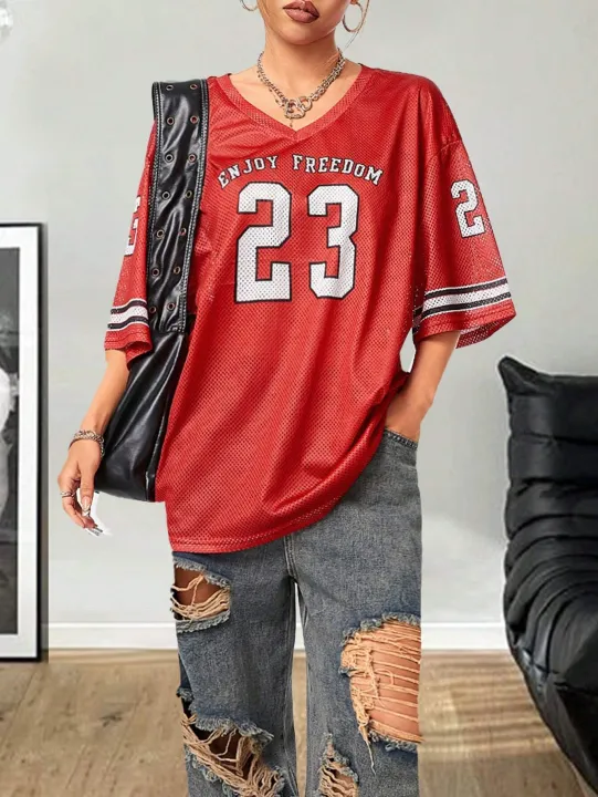 Summer%20New%20Black%20Enjoy%20Freedom%2023%20Print%20T-Shirt%20For%20Women%20V-Neck%20Short%20Sleeve%20Mesh%20Sports%20Football%20Jersey%20Y2K%20Oversized%20Tops%20-%20Image%205