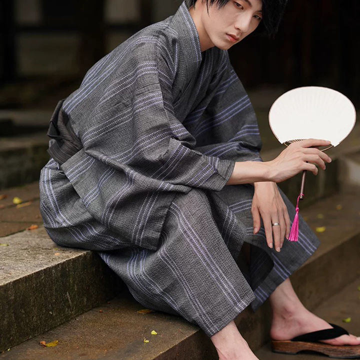 Summer%20Grey%20Japanese%20Traditional%20Samurai%20Kimono%20For%20Men%20Yukata%20Bathing%20Robe%20Hekoobi%20Loose%20Style%20Homewear%20Belt%20Long%20Gown%20Cotton%20-%20Image%202