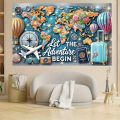 1 adventure-themed large background banner with a shiny world map, hot air balloons and travel signs - perfect for parties. 