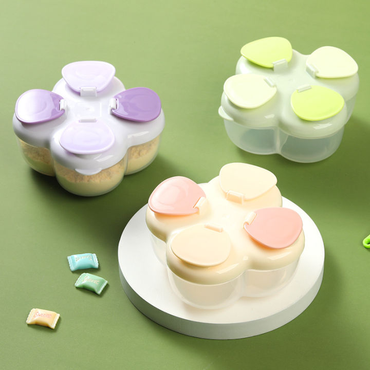 Portable Clover 4-Compartment Formula Canister, One-Touch Lid Airtight Leak-Proof, Infant Travel Milk Powder Dispenser