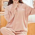 2025 Autumn/Winter Casual Women's Velvet Pajama Round Neck Set Loose Warm Top Elastic Pants Home Warm Wool Set. 