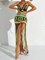 Women Summer Crochet Halter Deep V Neck Cover Ups Multicolor Swimsuit Long Tassel Bikini Knit Dress Cover-Ups Backless Beachwear. 