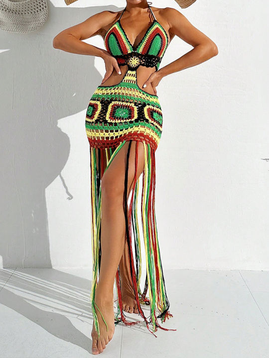Women%20Summer%20Crochet%20Halter%20Deep%20V%20Neck%20Cover%20Ups%20Multicolor%20Swimsuit%20Long%20Tassel%20Bikini%20Knit%20Dress%20Cover-Ups%20Backless%20Beachwear%20-%20Image%205
