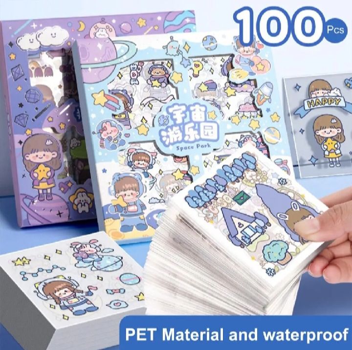 100 Sheets Stickers Box Space Park Anime Figure Pattern Decorative PET ...