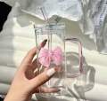350ML Square Mug with Lids and Straws with Bow Water Cup Household Cup Female Milk Coffee Cups with Pink Handle Gift.