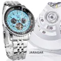 Jaragar Mens Automatic Mechanical Watch Fashion Tourbillon Blue Dial Date Display Stainless Steel Strap Military Sport Watches. 