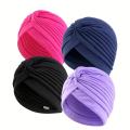 4pcs/set Solid Color Turban Cap Elastic Bonnet Head Scarf Women Chemo Hats Casual Pleated Head Wrap. 
