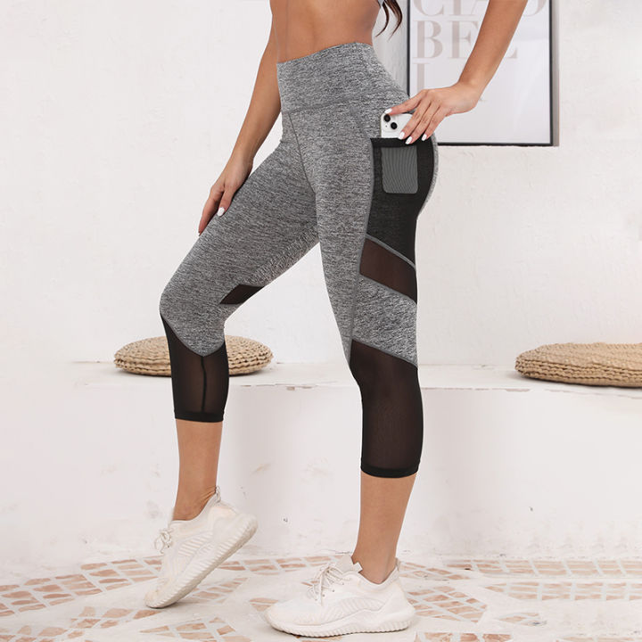 Mesh%20High%20Waist%20Yoga%20Pants%20Capri%20Leggings%20with%20Pockets%20for%20Women%20Tummy%20Control%20Workout%20Capri%20Leggings%20for%20Women%20-%20Image%204