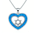 Luxury Blue Heart Opal Pendant with Star of David Inside,White K Plated Meaningful Jewelry,Dainty Minimalist Necklace for Women. 