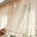 Beige Circular Patterned Hanging Tassel Short Curtain, Lace Short Curtain, Living Room, Bedroom, Kitchen Cabinet Cover Curtain. 